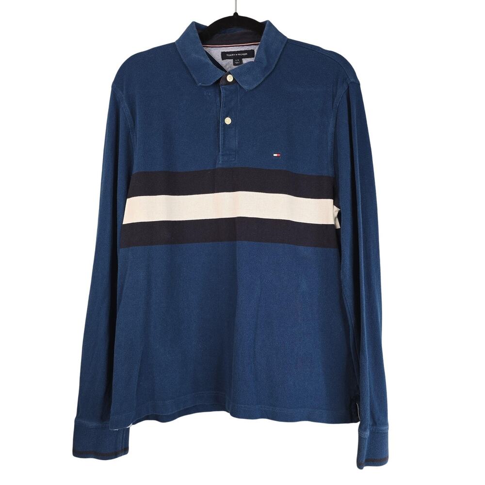 Tommy Hilfiger Polo Shirt Mens Large Blue Long Sleeve Stripe Cotton Flag 78F2458